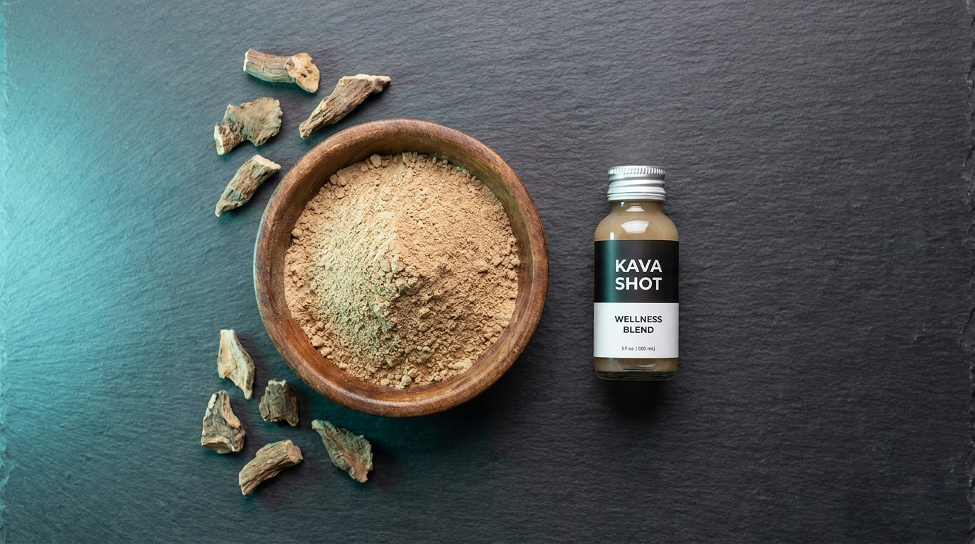 Kava powder in a bowl next to a kava shot bottle